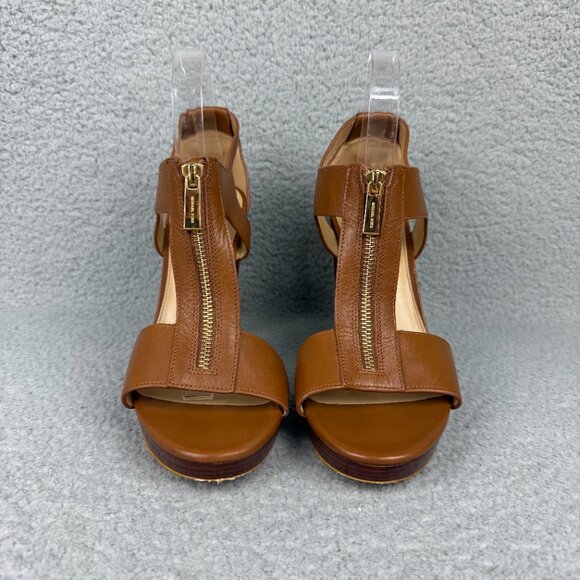 Michael Kors Sandals Women 10 Shoes Brown Berkley Platform Open Toe Heels Zipper - Picture 4 of 12
